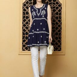 FAWOMENT Women Ethnic Motifs Printed Embroidered Round Neck Longline A-Line Top-3