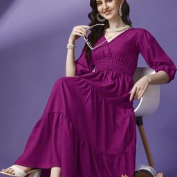 Raiyani Fashion Women Puff Sleeve Tiered Crepe Fit & Flare Midi Dress-picture-7