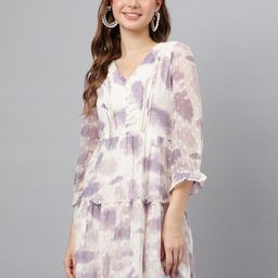 Latin Quarters Floral Print Flared Sleeve A-Line Dress-image-57