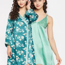 Clovia Satin Printed Short Night Dress & Robe-image-15
