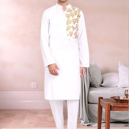 Moda Rapido Floral Embroidered Mandarin Collar Straight Pure Cotton Kurta With Pyjamas-picture-49