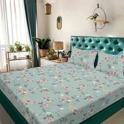 KLOTTHE Green & Pink Floral Stain Resistant 300 TC King Bedsheet with 2 Pillow Covers-image-38
