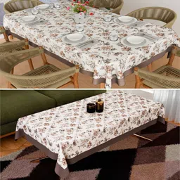 Aura Cream & Beige 2 Pieces Floral Anti-Skid 8-Seater Cotton Table Cover-picture-26
