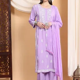 Poshak Chikan Studio Floral Embroidered Chikankari Straight Kurta With Palazzos & Dupatta-22