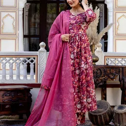 ERISHA Women Floral Printed Pleated Sequinned Pure Cotton Kurta with Trousers & With Dupatta-32