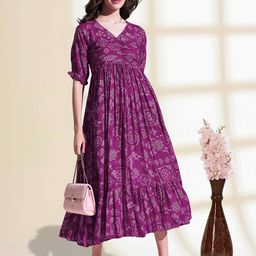 YANAMORA Women Ethnic Motifs Bandhani Printed Smocked Puff Sleeve Fit & Flare Midi Dress-picture-20