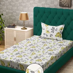 KLOTTHE White & Green Floral 300 TC Single Bedsheet with 1 Pillow Covers-picture-3