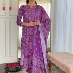 Happy Design Bandhani Printed Keyhole Neck Straight Kurta With Trousers & Dupatta-24