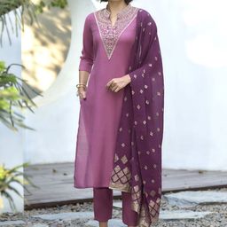 SHREE LAXMINARAYAN EXPORT Floral Yoke Design Mandarin Collar Kurta with Trousers & Dupatta-image-80