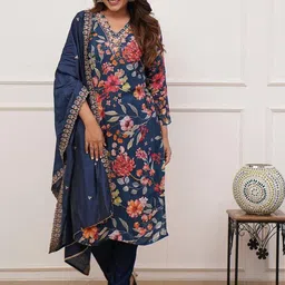 KAUTIK FABRICS Floral Printed Sequinned Art Silk Straight Kurta With Trousers & Dupatta-picture-45