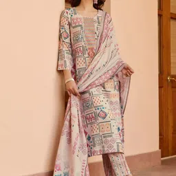 JAPNAAM Ethnic Motifs Printed Round Neck Pure Cotton Straight Kurta With Trouser & Dupatta-image-8