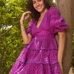 Style Island Women Self Design V-Neck Puff Sleeves Fit & Flare Dress-image-21