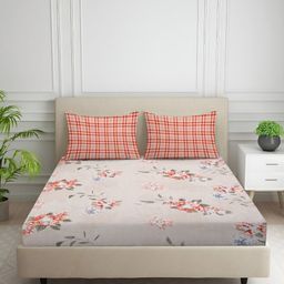 Nivasam Beige & Orange Printed Cotton 400 TC Fitted King Bedsheet Set 1.98 m x 1.82 m-image-37