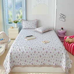 JC HOME White & Beige Floral Printed 162 TC Double Bed Superking Bed Cover Set-image-87