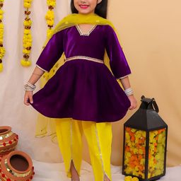 KID1 Girls Mirror Work Velvet A-Line Kurta With Dhoti Pants & Dupatta-image-93