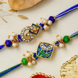 eCraftIndia Set Of 2 Stone Studded & Beaded Thread Rakhis With Roli Chawal-image-10
