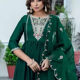 SANISA Ethnic Motifs Embroidered Thread Work A-Line Kurta with Trousers & Dupatta image 2
