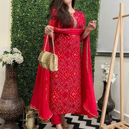Anni Designer Women Printed Regular Red Kurta with Trousers & Dupatta Set image 5