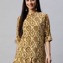 KALINI Floral Printed Mandarin Collar Roll Up Sleeves Shirt Style Top-image-35