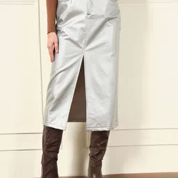 TANDUL Women Silver Straight Front Slit Detail Midi Skirt-19