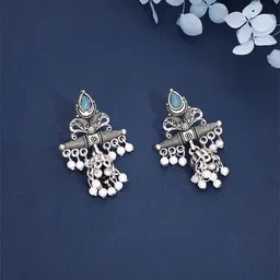 Brado Jewellery Silver-Plated Stones Studded & Beaded Dome Shaped Oxidized Jhumkas-55