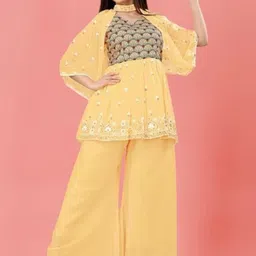 PARROT CREATION Floral Embroidered V-Neck Sequinned A-Line Kurti With Palazzo And Cape-image-19