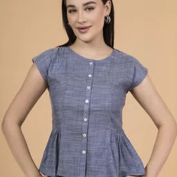 Saffron Threads Extended Sleeves Chambray Peplum Top-image-93