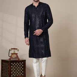 ADHIRAJAN Men Embroidered Regular Chikankari Pure Cotton Kurta with Pyjamas-picture-40
