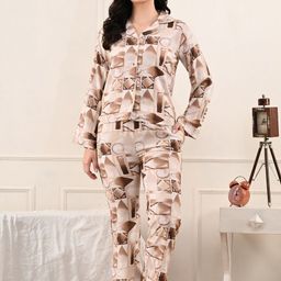 Unifringe Women Geometric Printed Lapel Collar Night suit-image-13