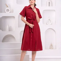 OH MI DIOS Women Shirt Collared Belted Cotton Shirt Midi Dress-picture-16