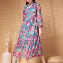 plusS Floral Print Puff Sleeve A-Line Midi Dress-picture-33