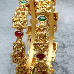 KARATCART Women Set Of 2 Gold Plated Red & Green Kundan Studded Mata Laxmi Rajwadi Temple Bangle-13