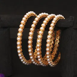 Adwitiya Collection Set Of 4 24 CT Gold-Plated White Beaded Handcrafted Bangles-image-53