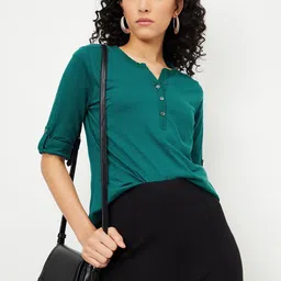 max Women Roll-Up Sleeves Cotton Shirt Style Top-image-78