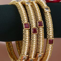 Anouk Set Of 4 Stone-Studded & Pearls Beaded 24CT Gold-Plated Bangles-image-22