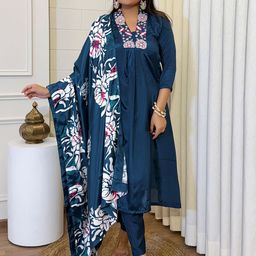 KALINI Floral Yoke Design V-Neck Thread Work A-Line Chinon Kurta with Trousers & Dupatta-8
