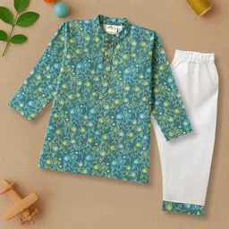 Desi Soota Boys Floral Printed Mandarin Collar Pure Cotton Kurta with Pyjamas-picture-19