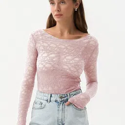 DressBerry Women Boat Neck Semi Sheer Fitted Top-picture-12