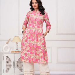 Karaveera Women Floral Printed A-Line Cotton Flax Kurta Set-image-45