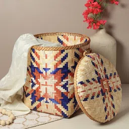 HABERE INDIA Blue & Beige Textured Wicker Laundry Basket With Lid-17