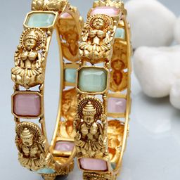 KARATCART Women Set of 2 Gold-Toned & Blue Rajwadi Gold Plated Temple Bangles-7
