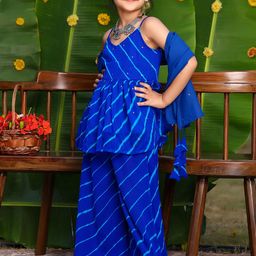 Thread & Button Girls Striped Regular Silk Chiffon Kurti with Trousers & With Dupatta image 2