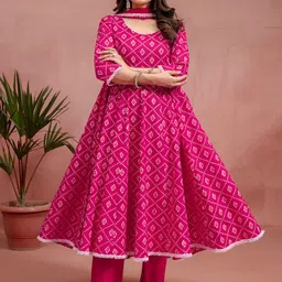 HERE&NOW Women Bandhani Printed Regular Pure Cotton Kurta with Trousers & With Dupatta-picture-16