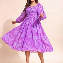 Attire Empire Tie and Dye Print Puff Sleeves Georgette Fit & Flare Midi Dress-picture-6