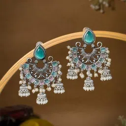 NAMAN ARTS Silver-Plated Artificial Stones and Beads Oxidised Contemporary Drop Earrings-14