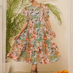 WineRed Floral Print Puff Sleeve Fit & Flare Midi Dress-image-54