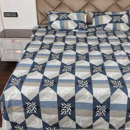 AVI Grey & Blue Geometric 180 TC Single Bedsheet with 1 Pillow Covers-6