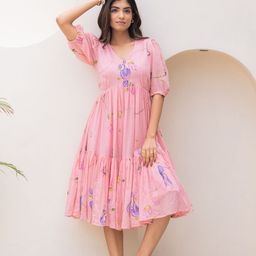 Ambraee Women Floral Print Bishop Sleeve Empire Midi Dress-image-31