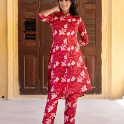 KALINI Floral Printed Shirt Collar Panelled High-Low Pure Cotton A-Line Kurta With Trouser-image-69