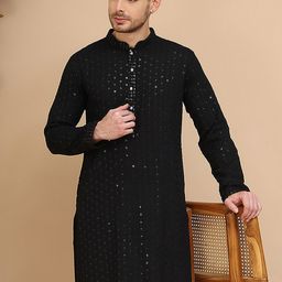 Jompers Floral Embroidered Mandarin Collar Sequinned Pure Cotton Straight Kurta-picture-15